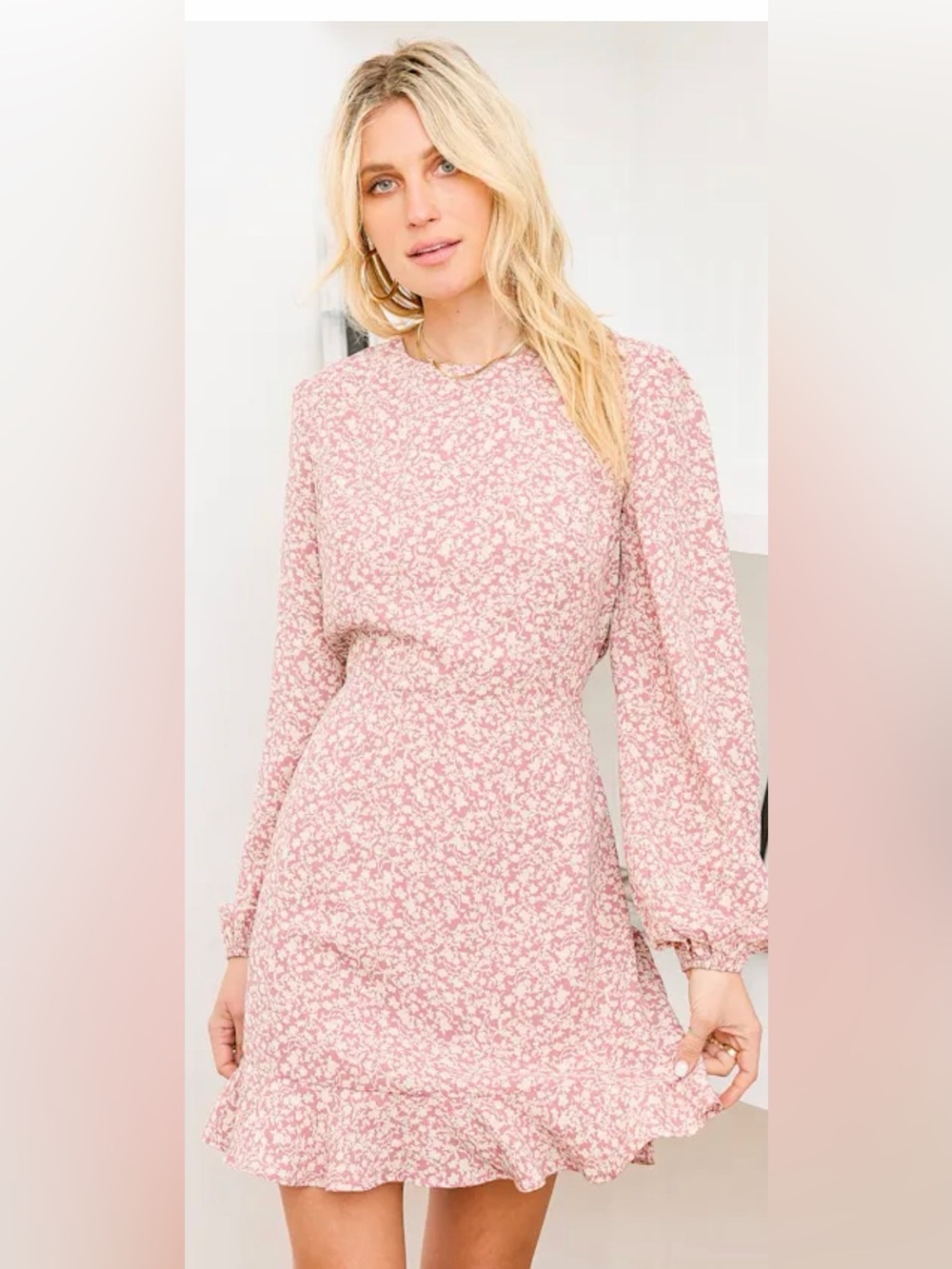 Lulu's Mauve and White Floral Long-Sleeve Mini Dress -Size S